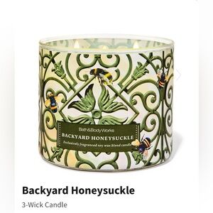 NIB Bath & Body Works “Backyard Honeysuckle” 3-Wick Candle w Decorative Lid.